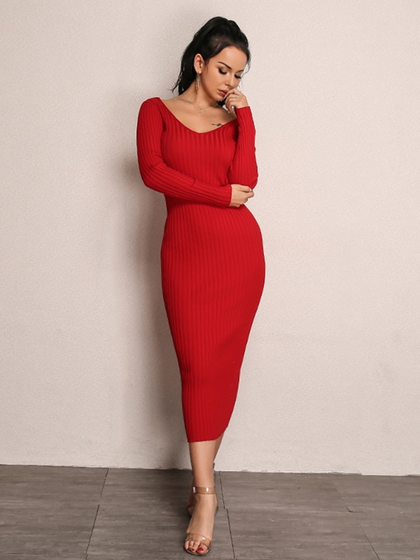 

Joyfunear Double V Neckline Rib Knit Dress, Red