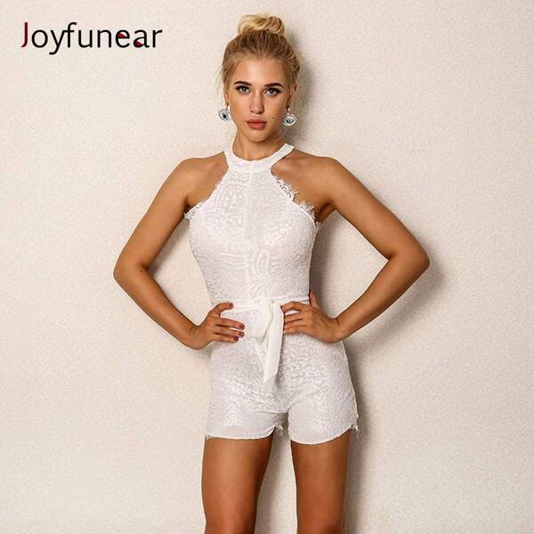 

Contrast Lace Halter Belted Romper, White