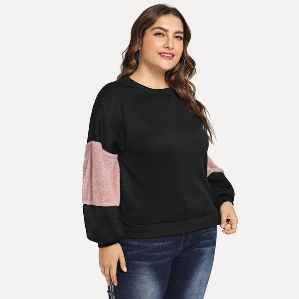 

Plus Contrast Faux Fur Bishop Sleeve Sweatshirt