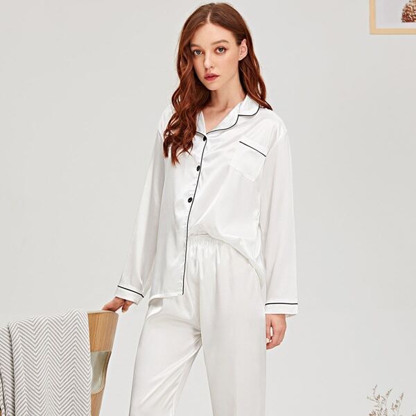 

Contrast Binding Satin Pajama Set, White