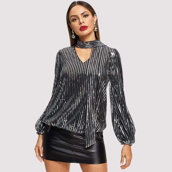 

Tie Neck Sequin Top, Grey