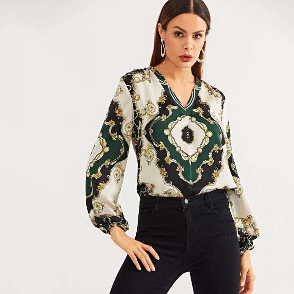 

V-neck Scarf Print Top
