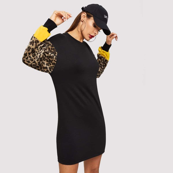 

Spliced Leopard Sleeve Sweatshirt Dress