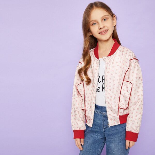 

Girls Heart Print Zip Up Bomber Jacket