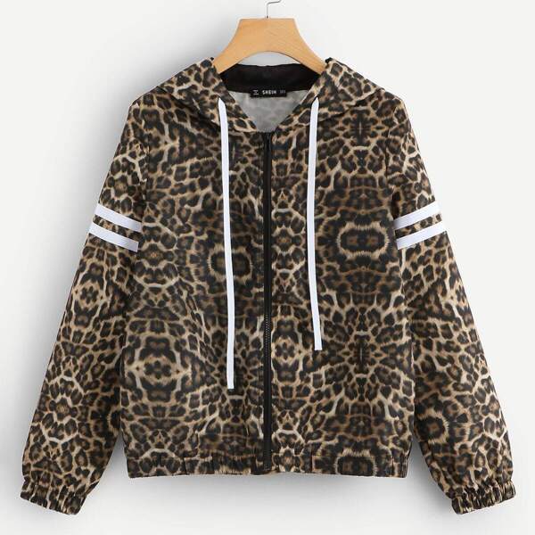 

Striped Sleeve Zip Up Leopard Hooded Jacket
