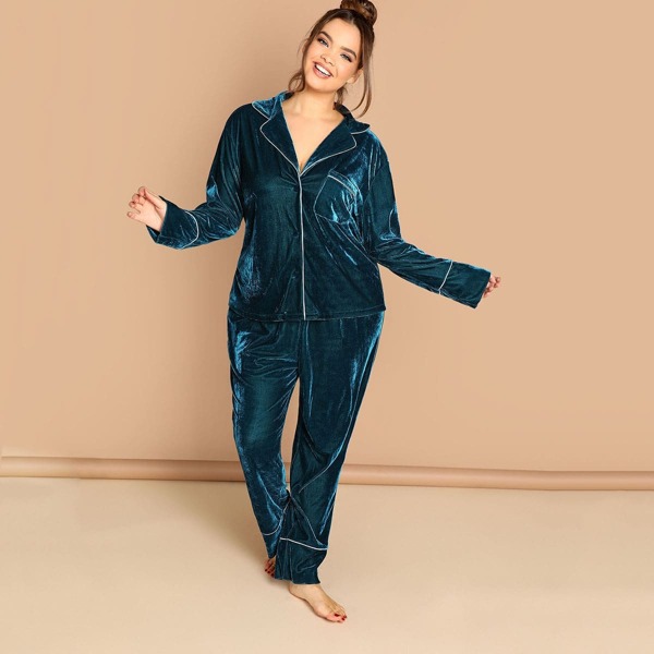 

Plus Contrast Tipping Pocket Patched Velvet Blouse & Pants PJ Set, Green