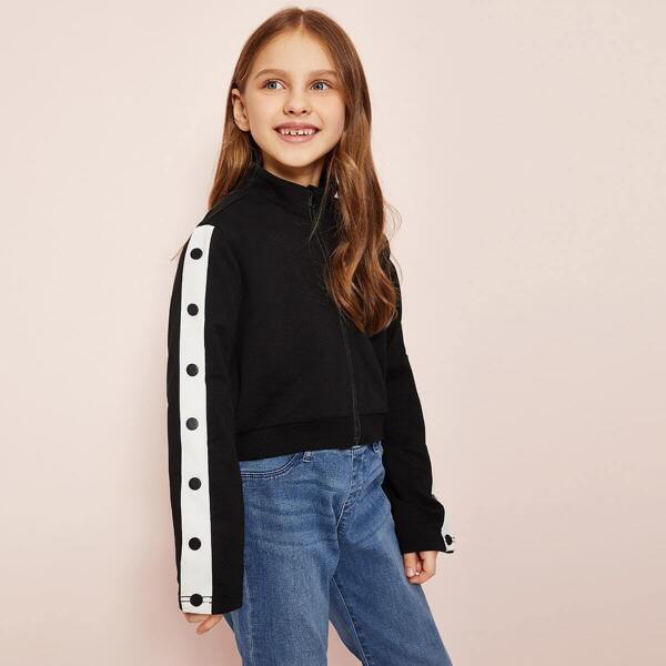 

Girls Buttoned Contrast Panel Zip Up Sweatshirt, Black