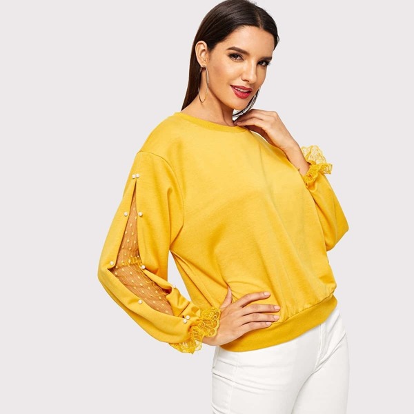 

Pearls Beaded Lace Contrast Pullover