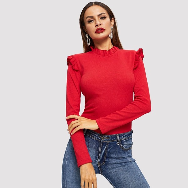 

Frilled Trim Rib Knit Form Fitting Tee