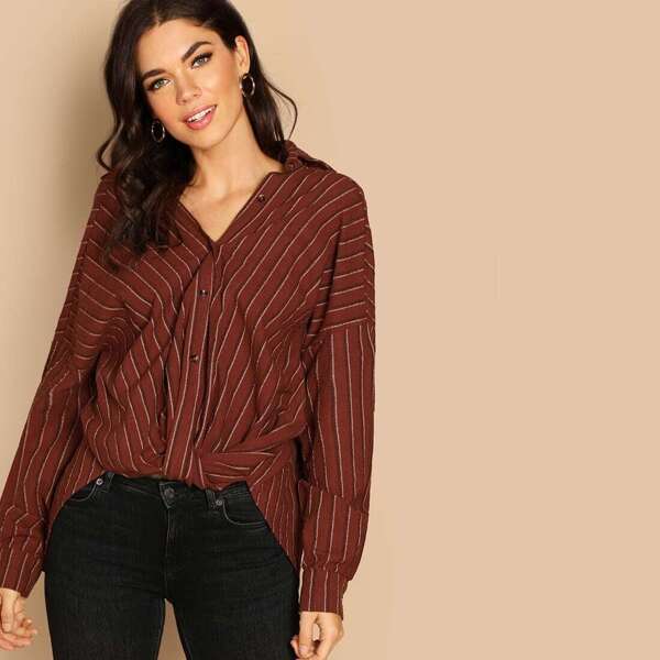 

Drop Shoulder Draped Front Striped Blouse