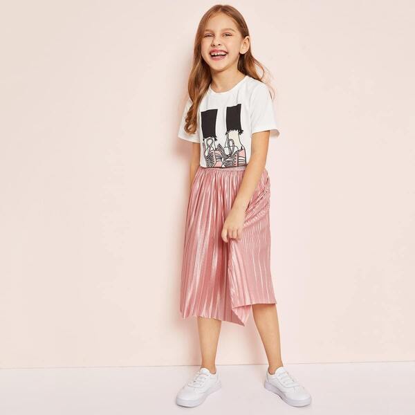 

Girls Graphic Tee & Pleated Satin Skirt Set, Multicolor