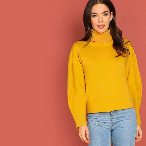 

Turtle Neck Puff Sleeve Solid Sweatshirt