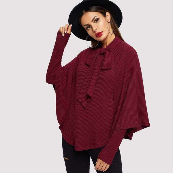 

Tie Neck Rib-knit Cape Coat