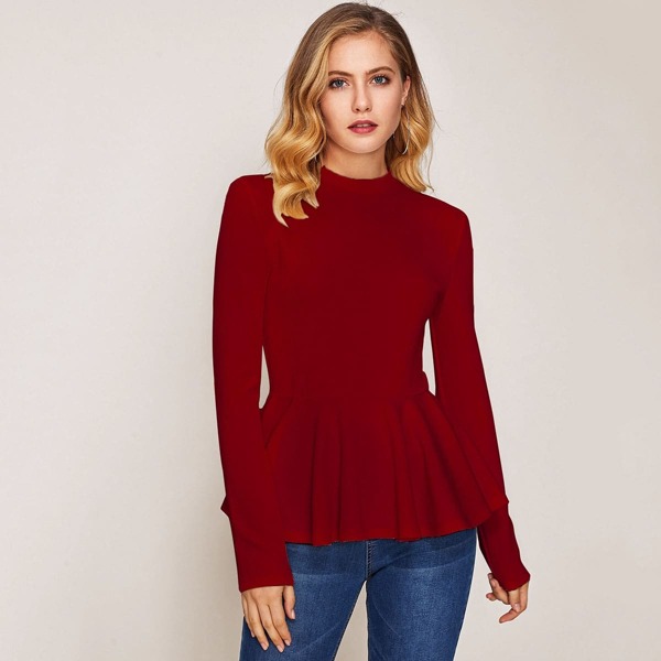 

Ribbed Knit Mock-neck Peplum Top