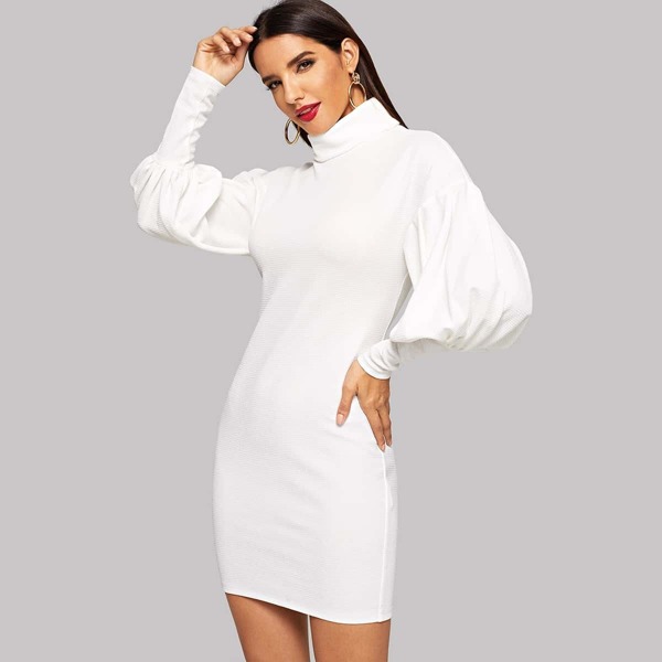 

Roll Neck Leg-of-mutton Sleeve Bodycon Dress