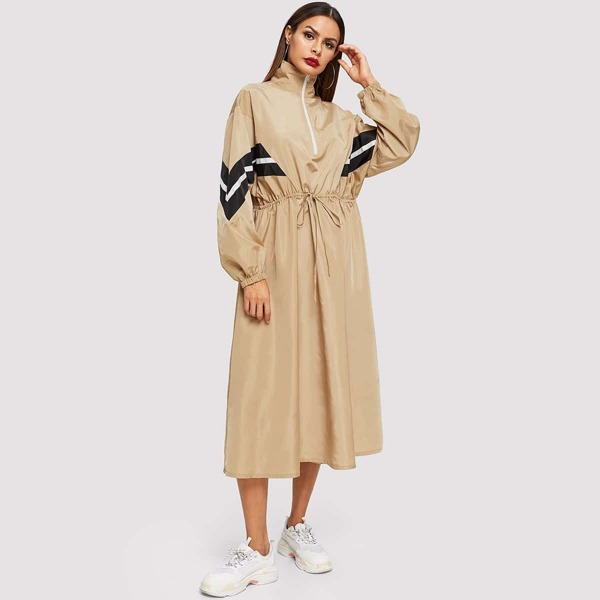 

Chevron Tape Drawstring Waist Windbreaker Dress, Khaki