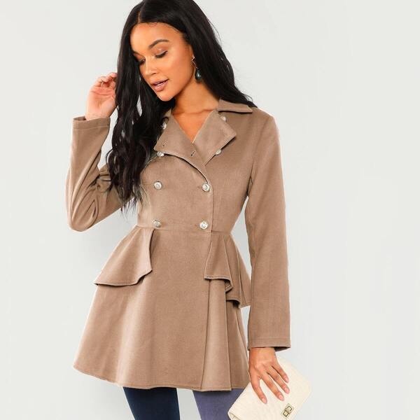 

Double Breasted Ruffle Solid Coat, Khaki