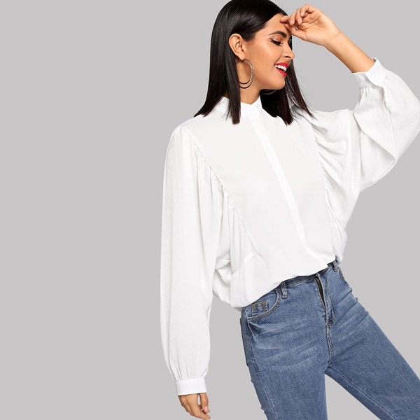 

Stand Neck Pleated Dolman Sleeve Top