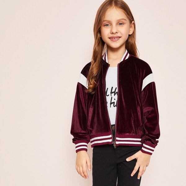 

Girls Cut-and-sew Striped Trim Velvet Bomber Jacket
