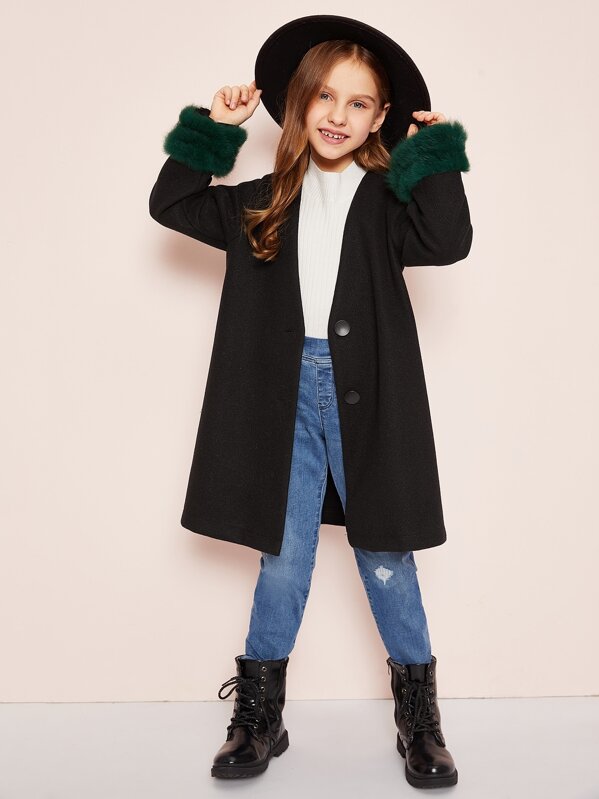 

Girls Contrast Faux Fur Coat, Black, Anna C