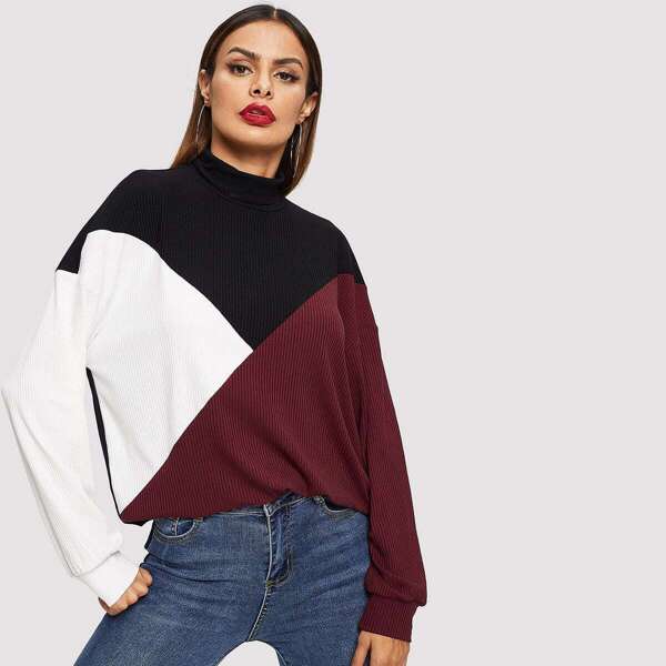 

Mock-neck Colorblock Ribbed Tee