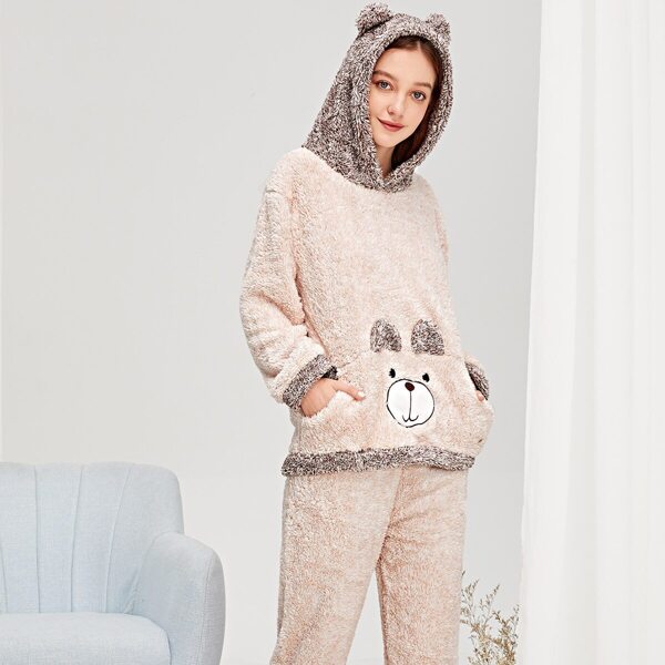 

Bear Embroidered Plush Pajama Set