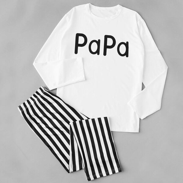 

Men Letter Print Striped Pajama Set