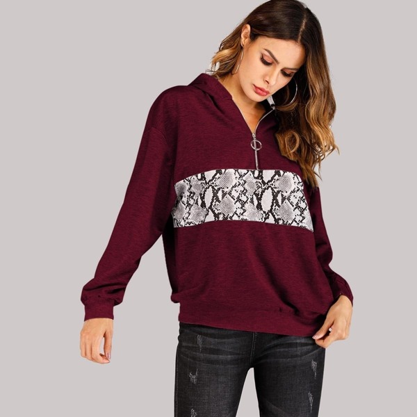 

Quarter Zip Snake Print Panel Hoodie