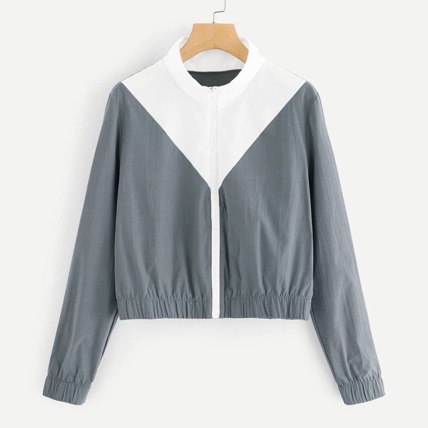 

Zip-up Elastic Hem Patchwork Jacket