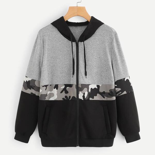 

Contrast Camo Drawstring Zip-up Hoodie