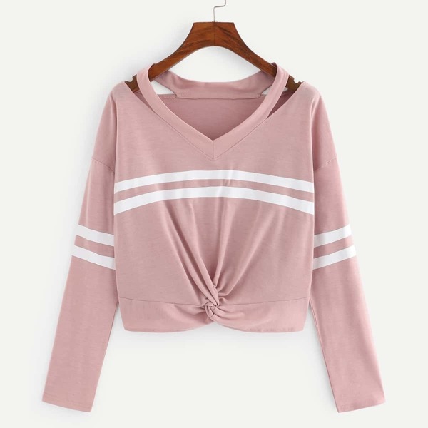 

Twist-front Striped Cut-out Drop Shoulder T-Shirt