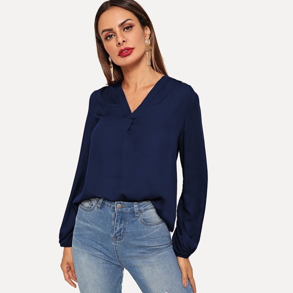 

Blouson Sleeve V Neck Blouse, Navy