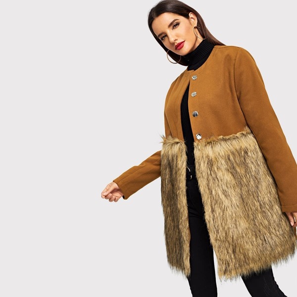 

Faux Fur Panel Coat, Brown