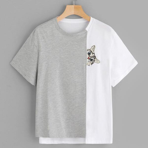 

Two Tone Cat Embroidery Asymmetrical Hem Tee, Multicolor