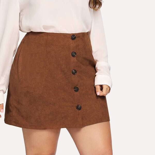 

Plus Button Front Suede Skirt