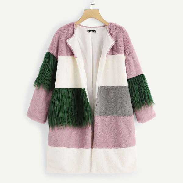 

Color Block Contrast Faux Fur Coat