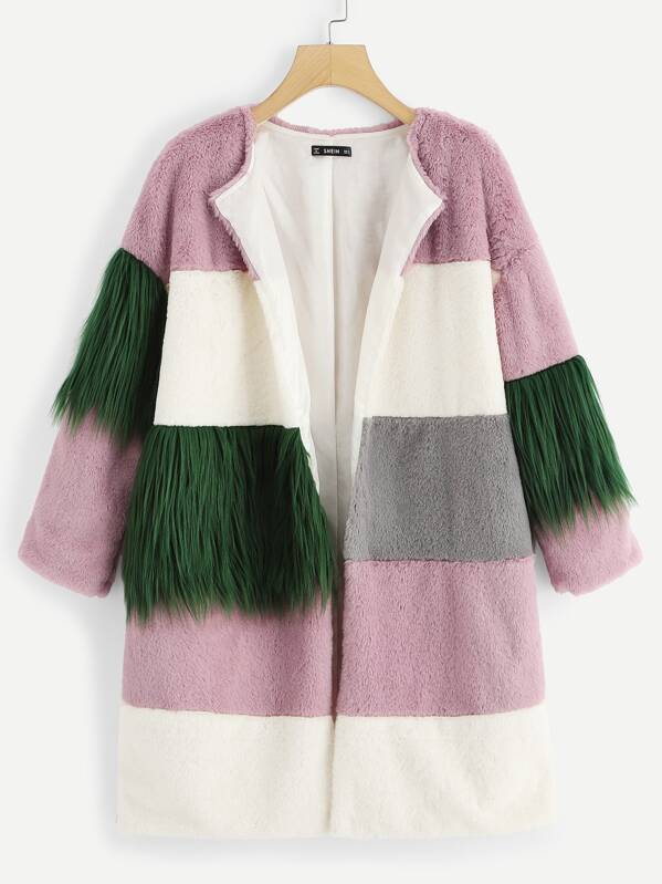 

Color Block Contrast Faux Fur Coat, Multicolor