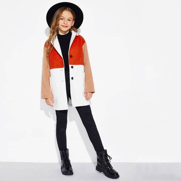 

Girls Single Breasted Color-Block Coat