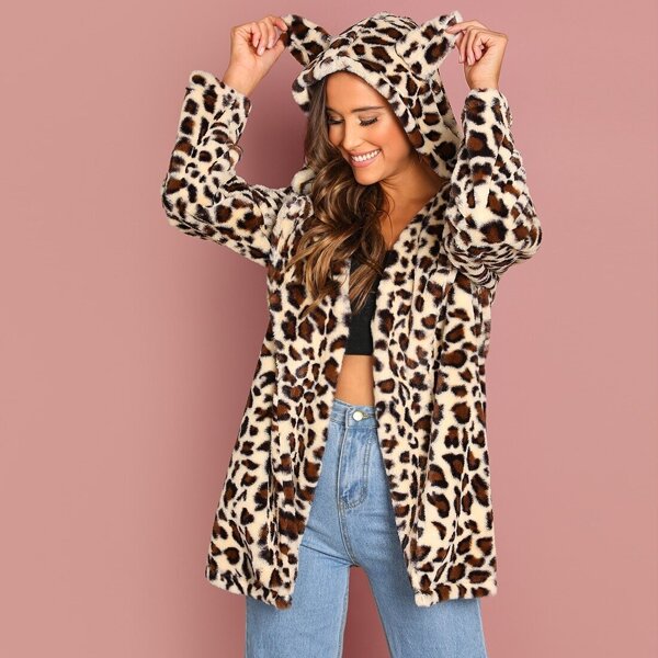 

Leopard Teddy Hooded Coat, Multicolor