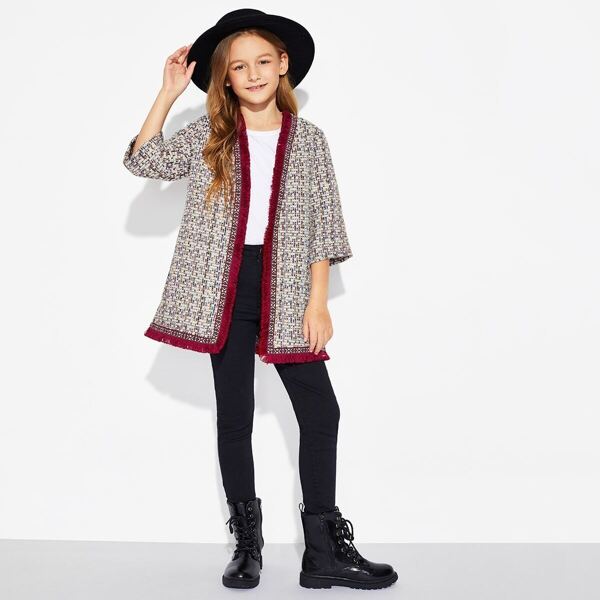 

Girls Frayed Trim Tweed Coat