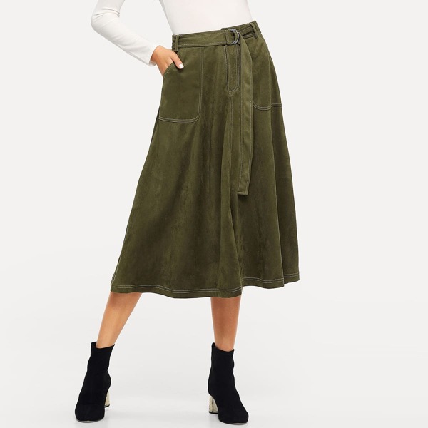 

Pocket Front Belted Suede Skirt, Army green