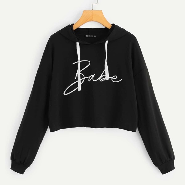 

Letter Print Drawstring Crop Hoodie
