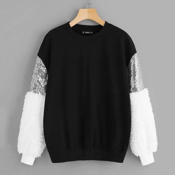 

Teddy & Sequin Sleeve Color Block Pullover