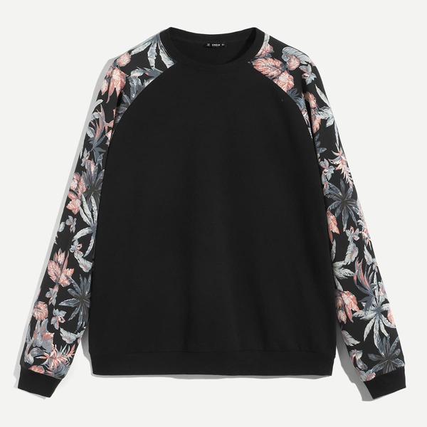 

Men Crew Neck Raglan Sleeve Plants Pullover, Black