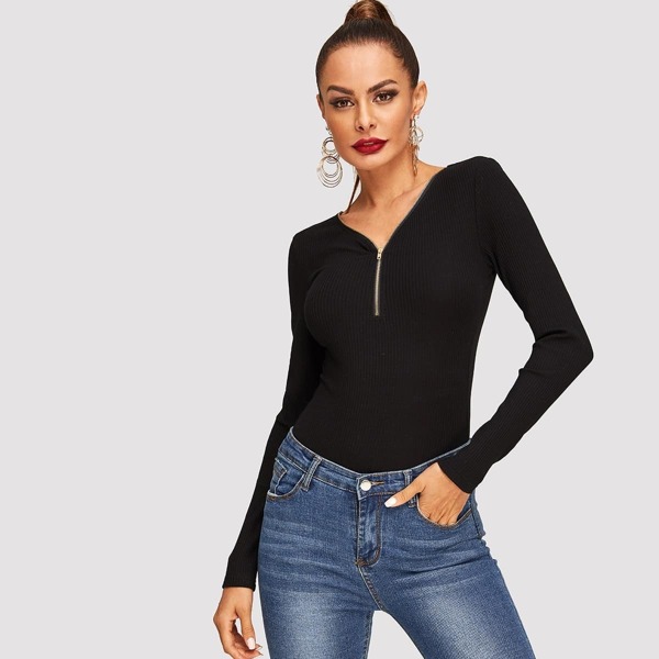 

Zip Front Ribbed Knit Tee
