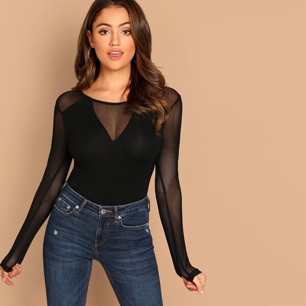 

Sheer Mesh Panel Form Fitted Tee, Black