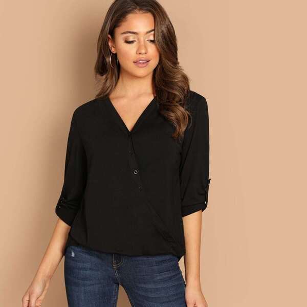 

Roll Tab Sleeve Button Up Surplice Blouse