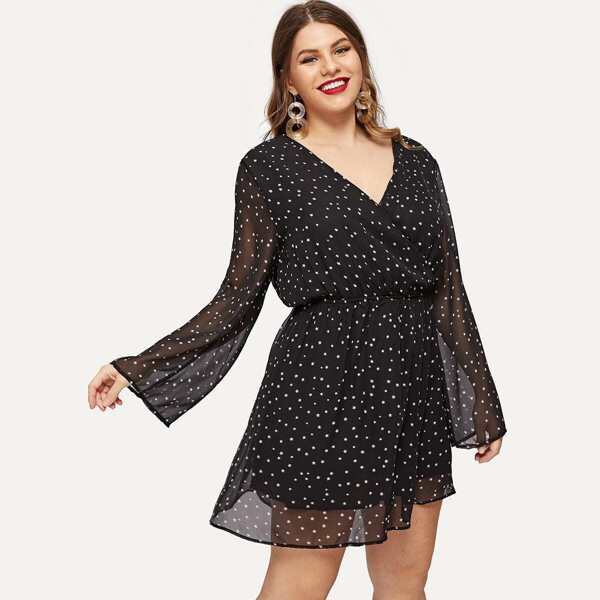 

Plus Surplice Neck Sheer Bell Sleeve Star Dress, Black and white