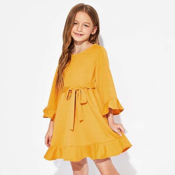 

Girls Tie Waist Ruffle Dress