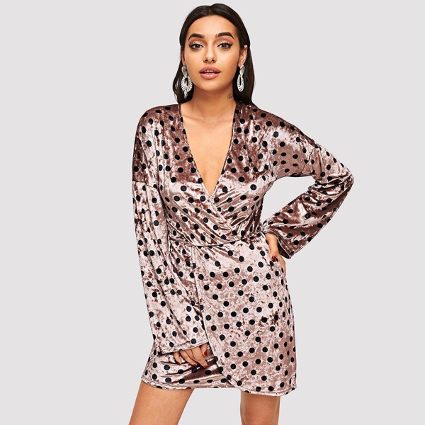 

Plunging Neck Dot Velvet Dress